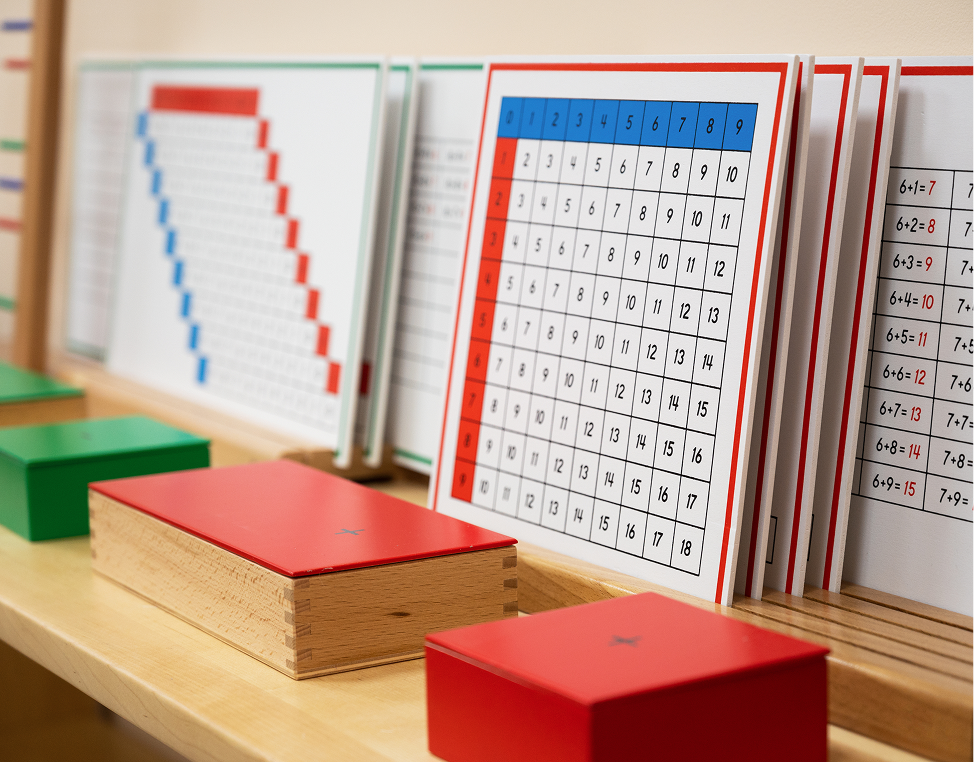 Math learning materials on a wooden shelf.