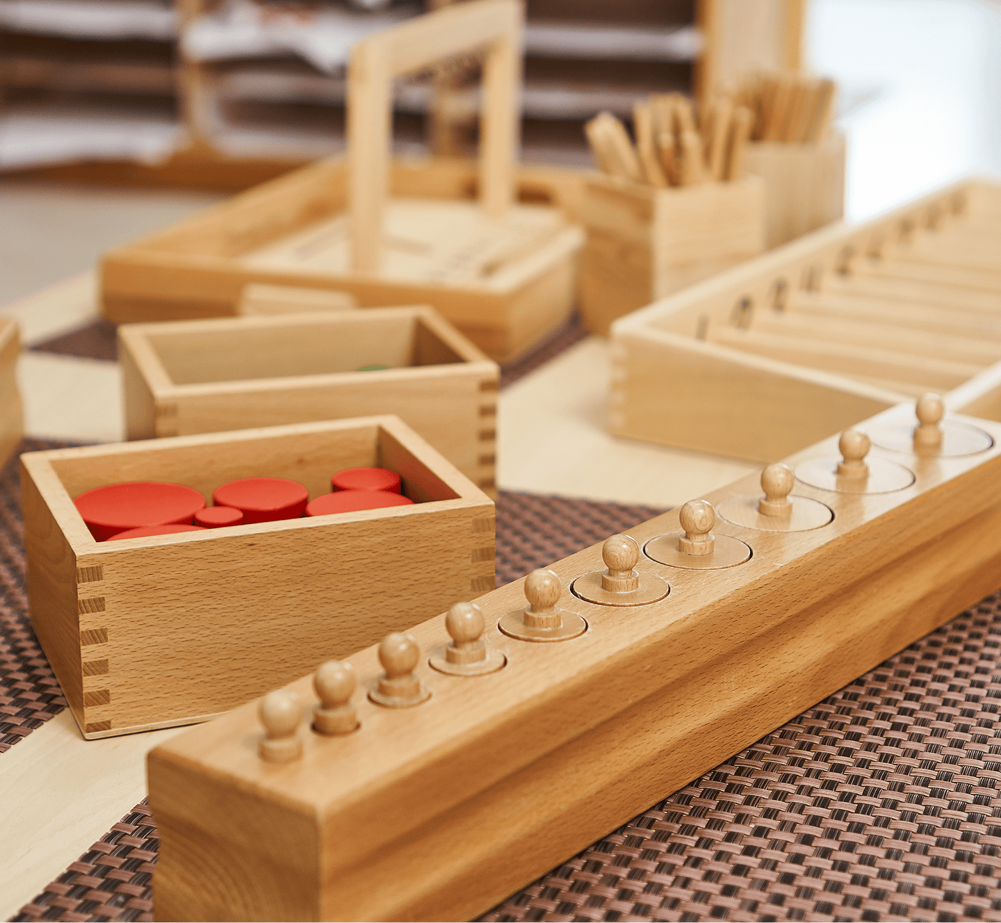 Wooden Montessori educational toys on table.